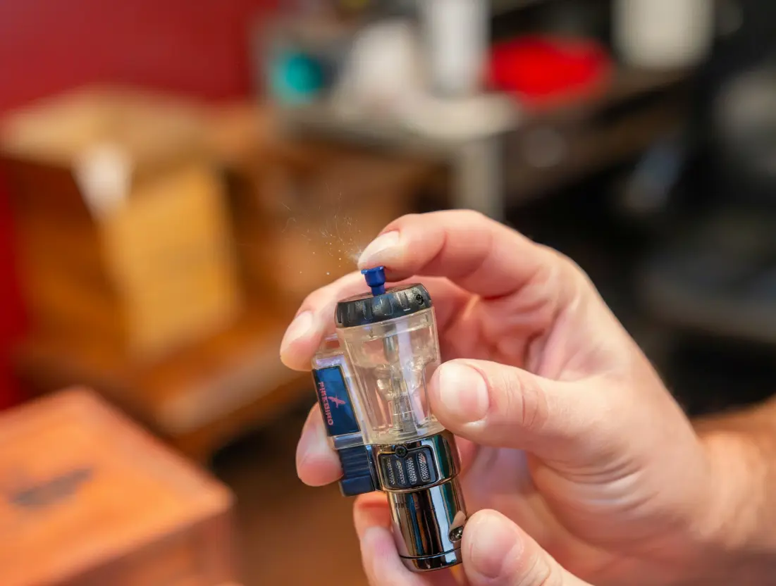 Step 4: Purge until you see a small burst of butane vapor from the refill valve, then stop