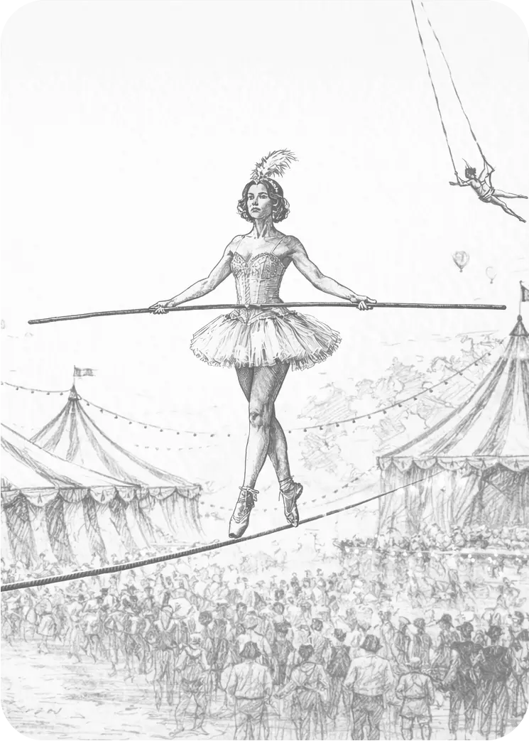 Trapeze artist performing high above the big top — Cigar Circus showmanship