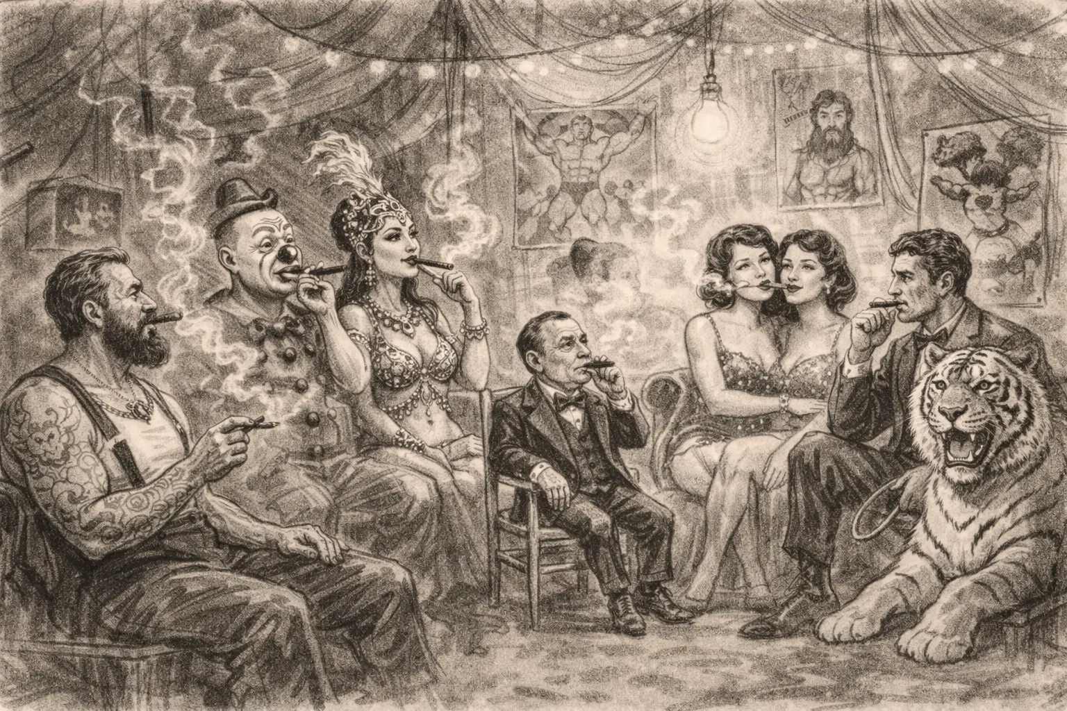 Vintage circus crowd illustration — Cigar Circus big top atmosphere