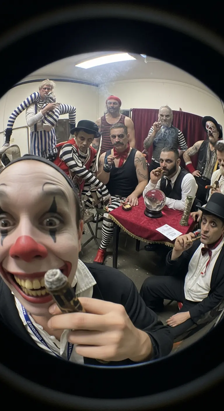Circus performers group photo with cigars — Cigar Circus backstage energy