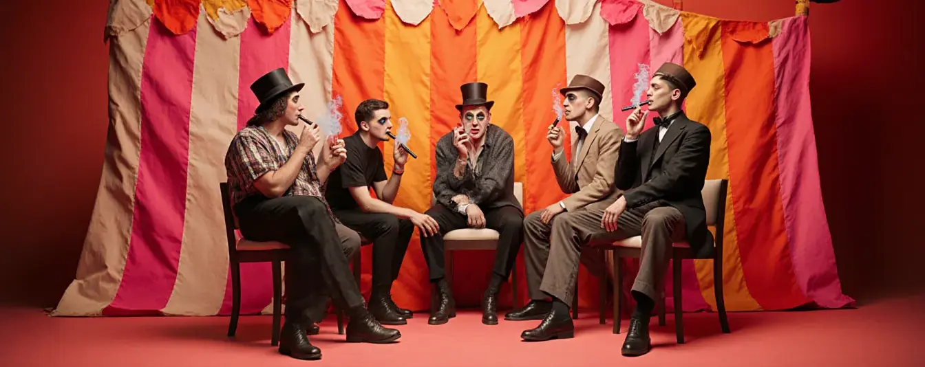 Group enjoying cigars under circus tent stripes — Cigar Circus lounge vibe