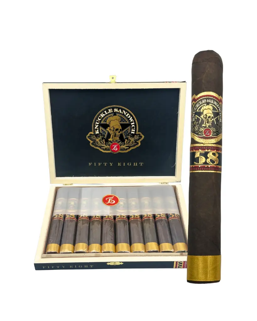 knuckle-sandwich-fifty-eight-maduro-toro-box-open-with-single-cigar.webp