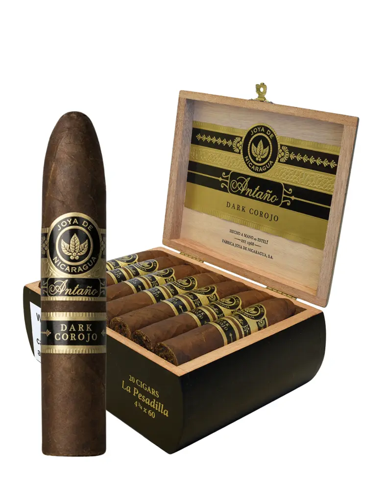 joya-de-nicaragua-antano-dark-corojo-pesadilla-cigar-and-box-open.webp
