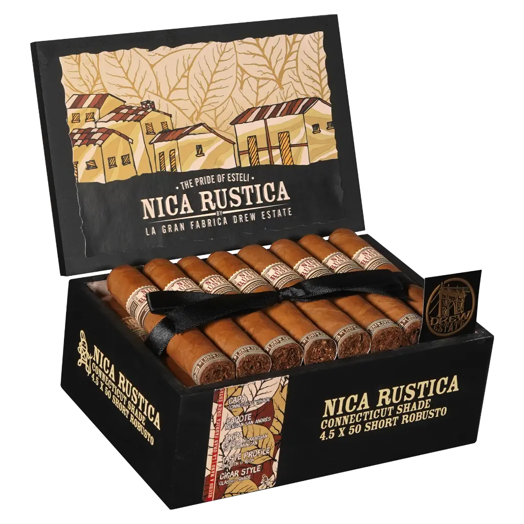 drew-estate-nica-rustica-connecticut-shade-short-robusto-open-box.webp